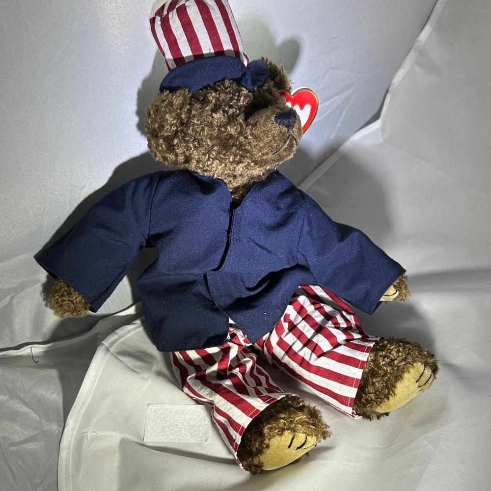 Ty Bear Plush with Blue Jacket and Striped Pants
